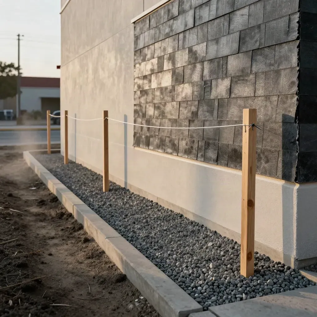 Narrow infill lot with stakes, string lines, foundation footprint, and facade mockup at dusk.