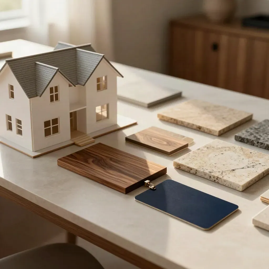 Scale house model with planning materials and stone samples arranged on a workbench.