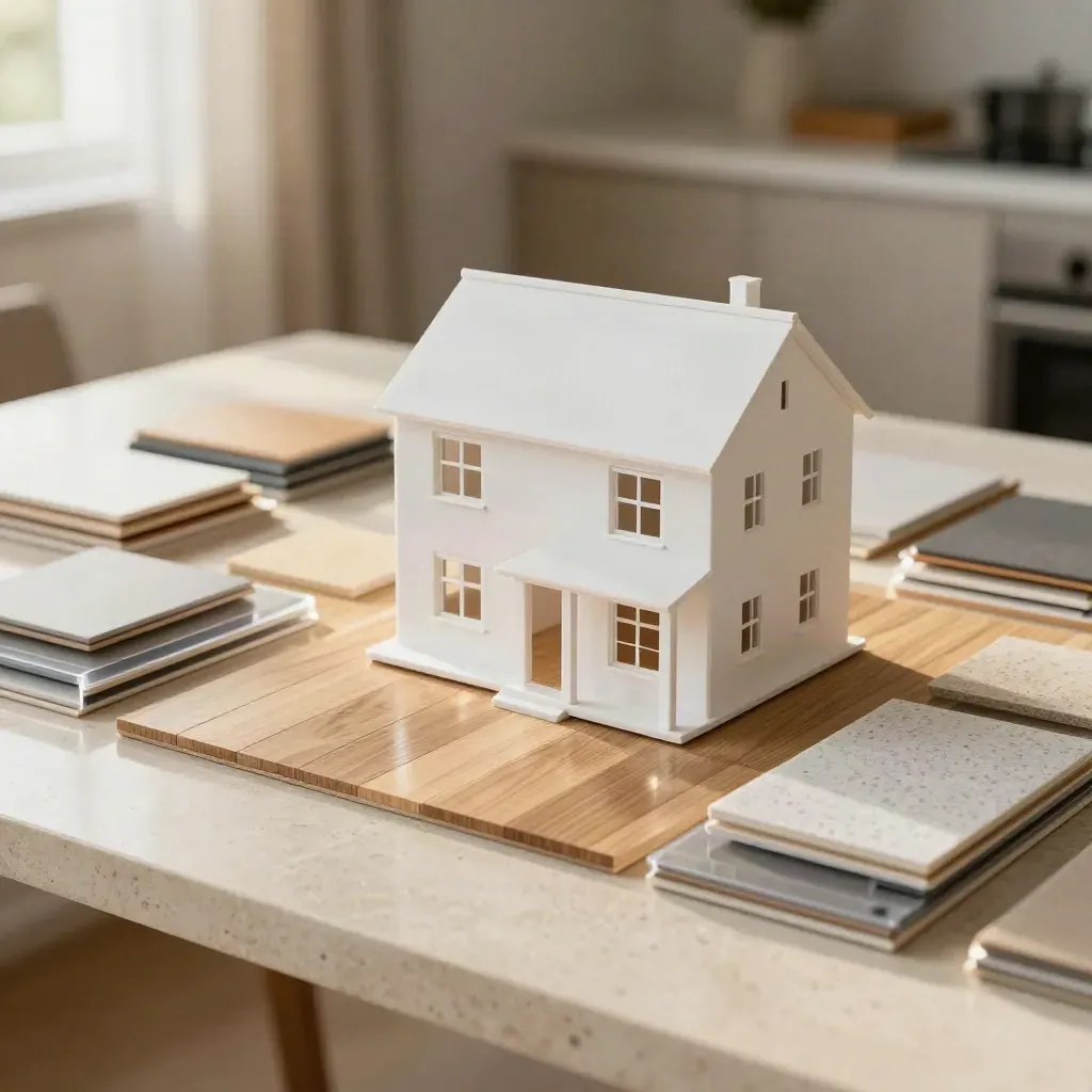 White house model with flooring, quartz, cabinet and roof samples on a material table.
