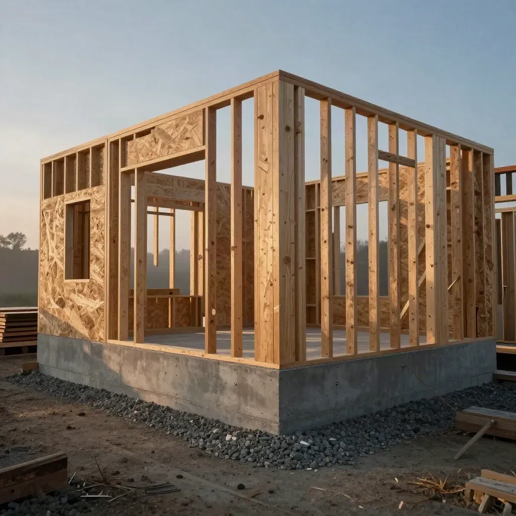 Framed new-home shell on a poured foundation at dusk with lumber and haze