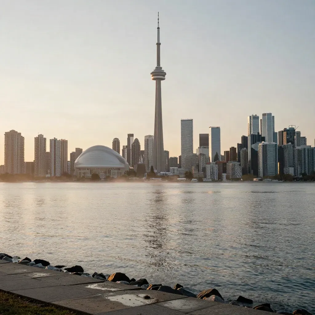 Toronto skyline above a calm misty lake at golden dawn