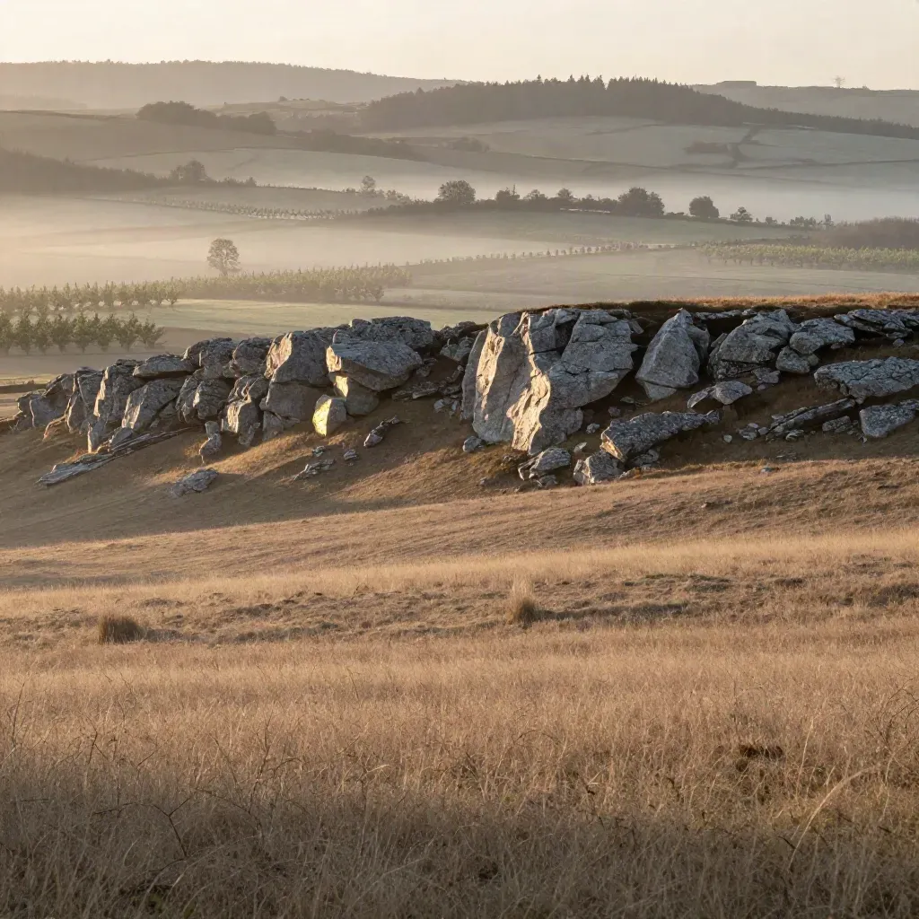 Hazy Halton escarpment above orchards and fields at golden hour