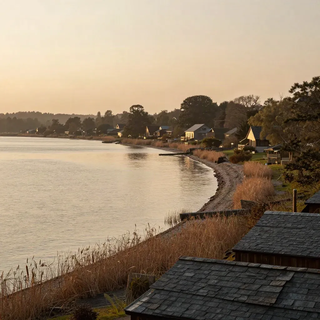 Durham shoreline haze with distant rooflines and treelines at sunset